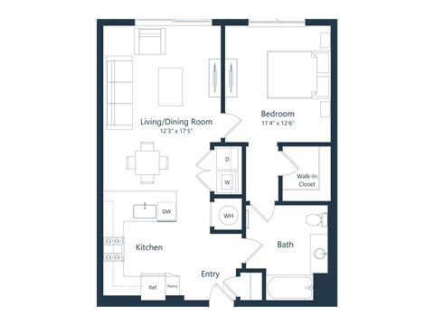 Floor plan for 1 bed, 1 bath, 878 sqft